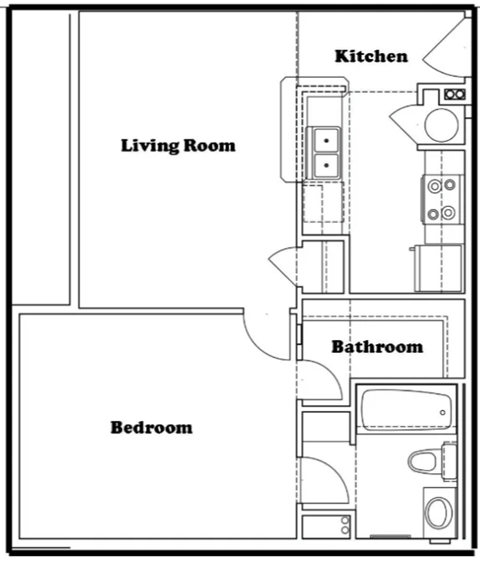 a floor plan of a small house with a living room and a kitchen